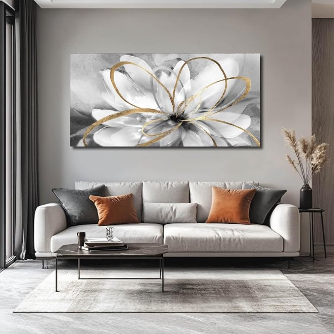 SOUGUAN Flower Wall Room Decor Gold Decoration White Flower Artwork for Living Room Office Dining Room 24x48 Inch