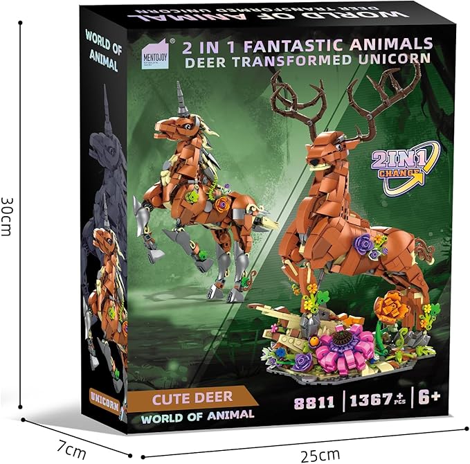 2 in 1 sika Deer&Unicorn Animals Building Decorations Set,Animal Blocks Flowering shrubsToys Suitable for Boys and Girls Age 6+ Year Old Desktop Decoration