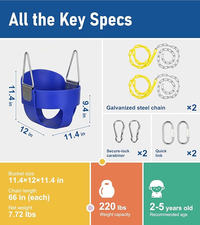 High Back Full Bucket, Toddler Swing with Coated Chains & Triangle Dip Pinch Protection for Safety, Baby Swing Outdoor with Locking Buckles, Toddler Bucket Swing for Backyard, Playground, Blue