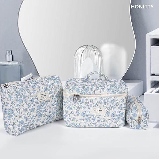Makeup Bag,Quilted Cosmetic Bag,Large Floral Make Up Bag for Women,Cotton Makeup Bag Set,Flower Travel Toiletry Bag