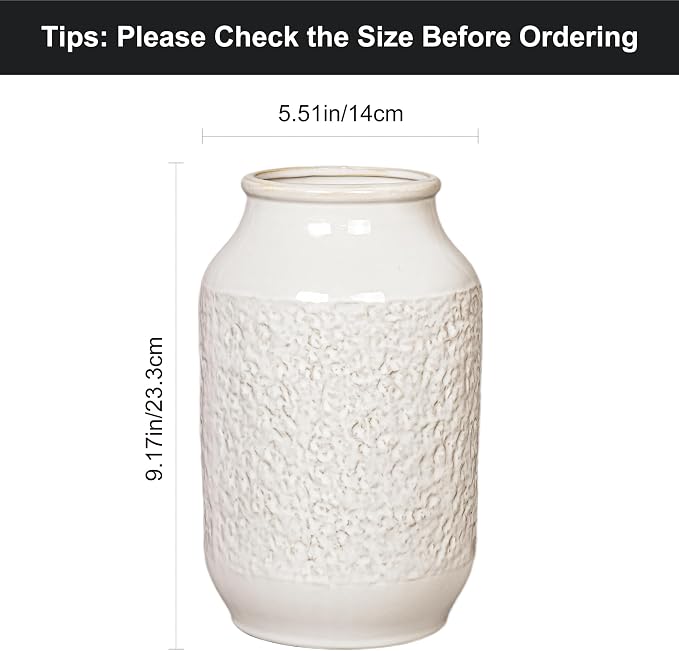 White Ceramic Vase, Minimalist White Vases for Flowers, Modern Decorative Vase for Home Decor, Centerpiece Wedding Dining Living Room Kitchen Decor 9 inch