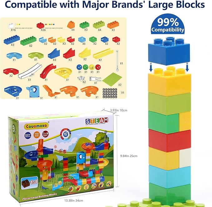 COUOMOXA Marble Run Building for Kids: STEM Building Blocks Set Compatible with Classic Bricks - Educational Toys for Kids Ages 3 4 5 6 7 8+ Home Classroom for Boys Girls