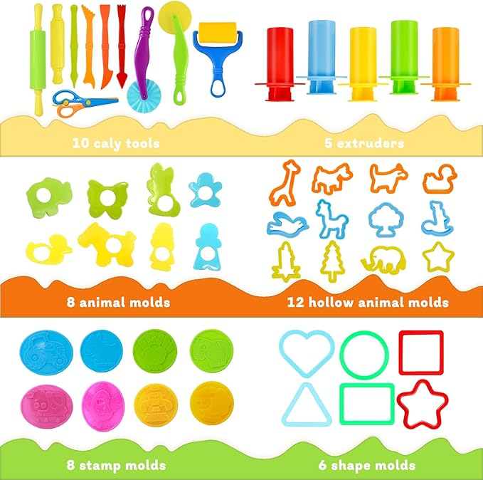 LCY WEDSHI Dough Tool Set, 49 Pcs Dough Tools Sets for Kids Ages 4-8, Dough Accessories Includes Animal Molds, Cutters Roller, Rolling Pins, Safety Scissors, Plastic Knife
