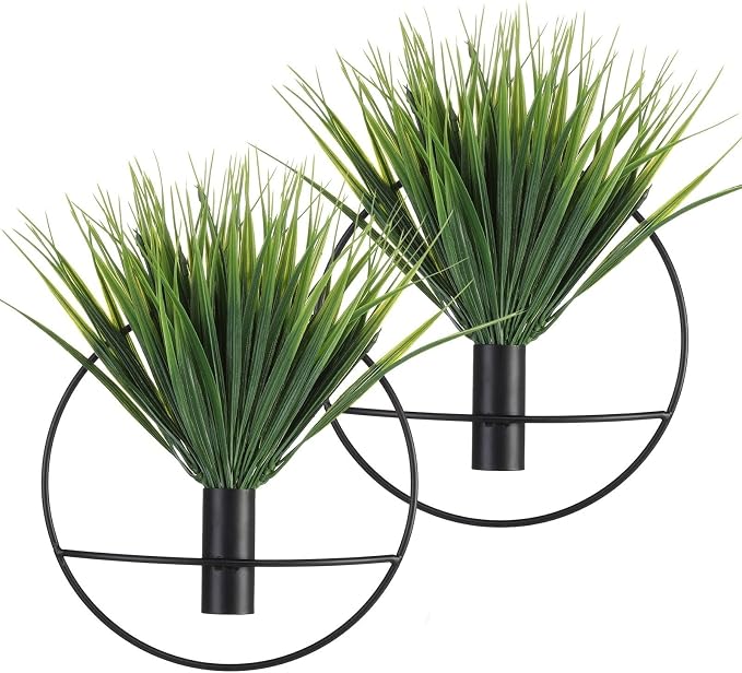 Pretty Jolly Boho Pampas Wall Decor Black Metal Wall-Mounted Art | Morden Artificial Greenery Display，2 Pack Eucalyptus Hanging Planter For Living Room, Bedroom, Bathroom, Dining room