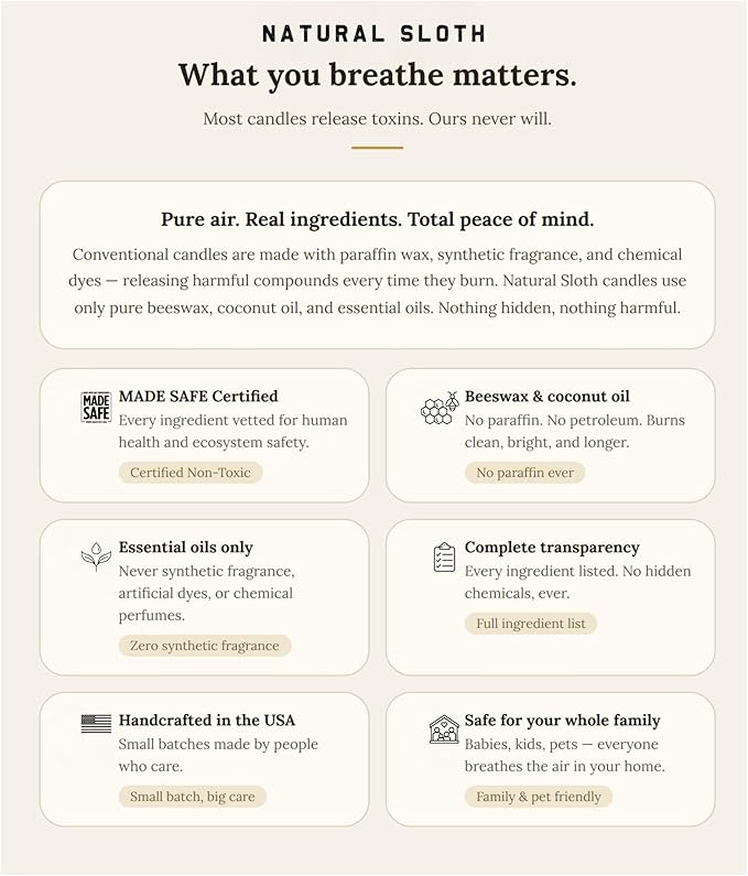 Breathe Natural Sloth 9 oz Beeswax Candle with Pure Essential Oils, Non-Toxic, Made Safe® Certified, Wooden Wick, Clean Burning (Breathe)