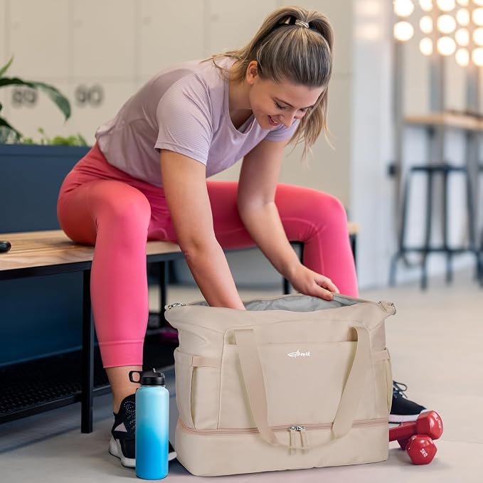 Gym Bag for Women, 45L Carry On Travel Duffel Bag with Shoes Compartment, Weekender Overnight Bag with Wet Pocket for Women, Travel, Gym, Weekend, Large Size