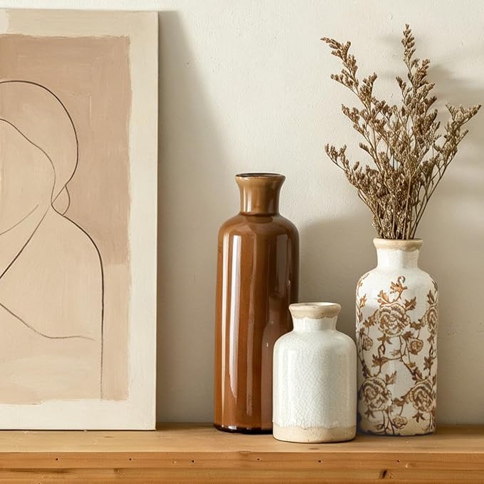 Vintage Vase Set of 3, Ceramic Vintage Flower Vases, Chinoiserie Decorative Home Decor Retro Floral Vase Rustic Farmhouse Decor for Table Bookshelf Mantel Kitchen Living Room Office - Brown