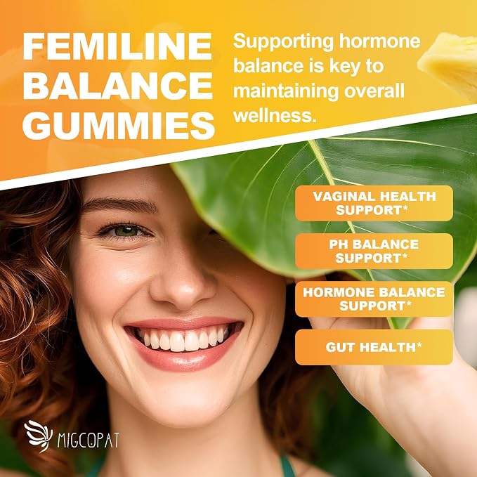 Migcopat Premium Feminine Balance Gummies – 2 Pack, Probiotic + Enzyme Blend for Digestive, Hormone & PH Balance, Pineapple Flavor, 120 Gummies