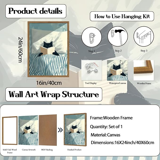 Framed Funny Black Cat Wall Art, Whimsical Cat in Stripe Bed Reading Wall Decor Painting Cute Animal Book Lover Poster Canvas Print for Bedroom Living Room 16x24 inch Wood Framed