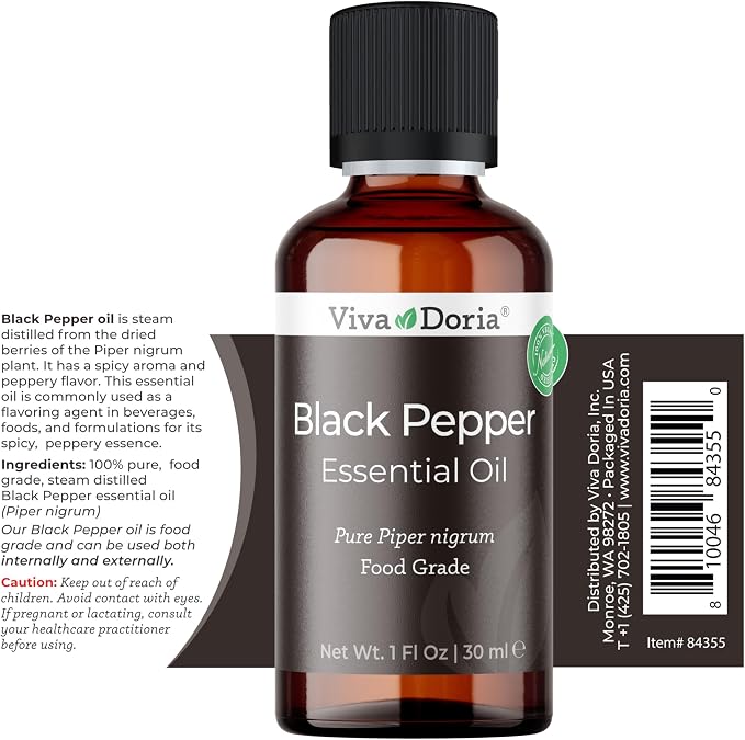 Viva Doria Black Pepper Essential Oil, 100% Pure, Natural Essential Oil, Undiluted, for Aromatherapy | Food Grade, 30 mL (1 Fluid Ounce)