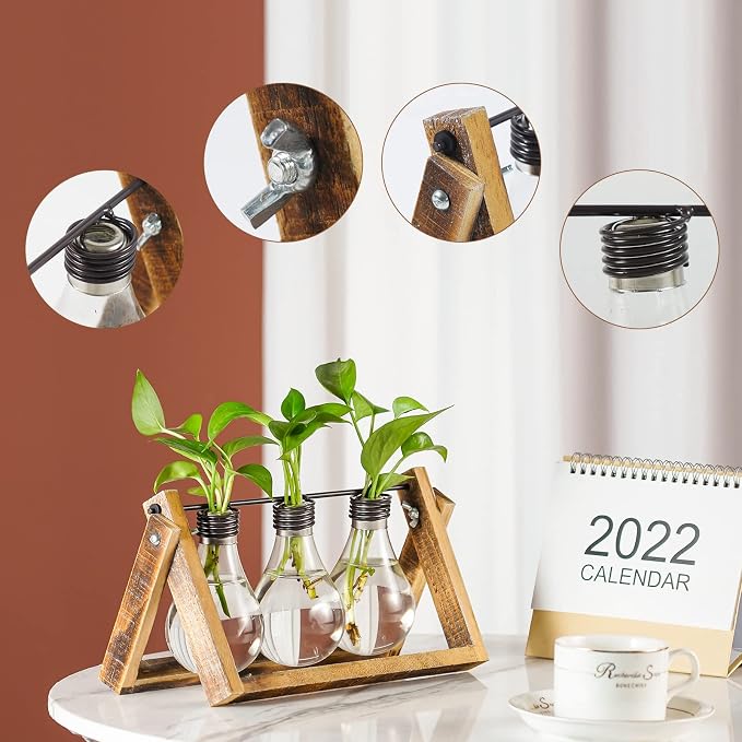 Marbrasse Plant Propagation Stations with Wooden Stand, Desktop Plant Terrarium Holder Bulb Vase, Glass Vase Container with Metal Swivel Holder for Hydroponics of Home Garden Office Decor Lover Gifts