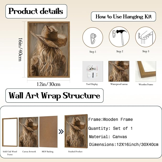 Vintage Western Cowgirl Wall Art, Country Girl Cowboy Wall Decor Painting, Girly Southwestern Poster Canvas Prints for Living Room Bedroom Farmhouse 12x16 inch Wood Framed