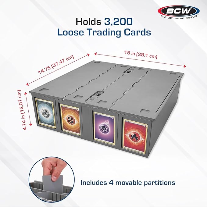 BCW Collectible Card Bin (4-Pack, Gray) | Holds 3200 Cards Each | Includes 4 Dividers Per Bin | Storage for Pokémon, MTG & Sports Cards