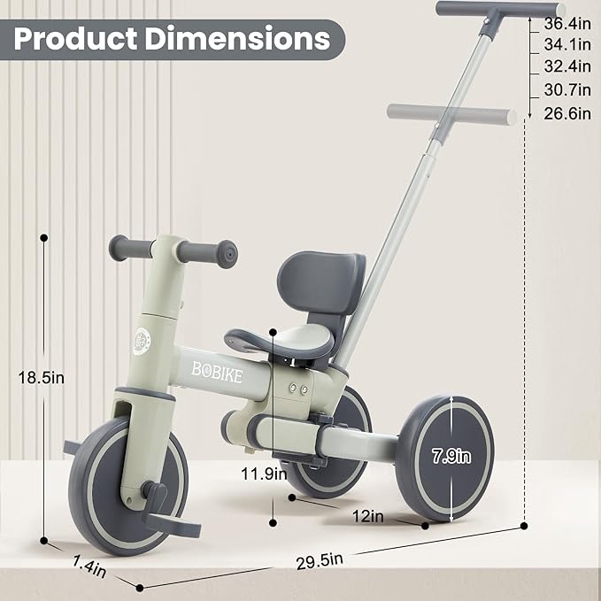 Bobike 5-in-1 Tricycle for Toddlers 18 Months to 5 Years Old, Toddler Bike, Kids Tricycle with Push Handle and Backrest, Toddler Balance Bike with Easy Assembly for Boys and Girls.(Green)