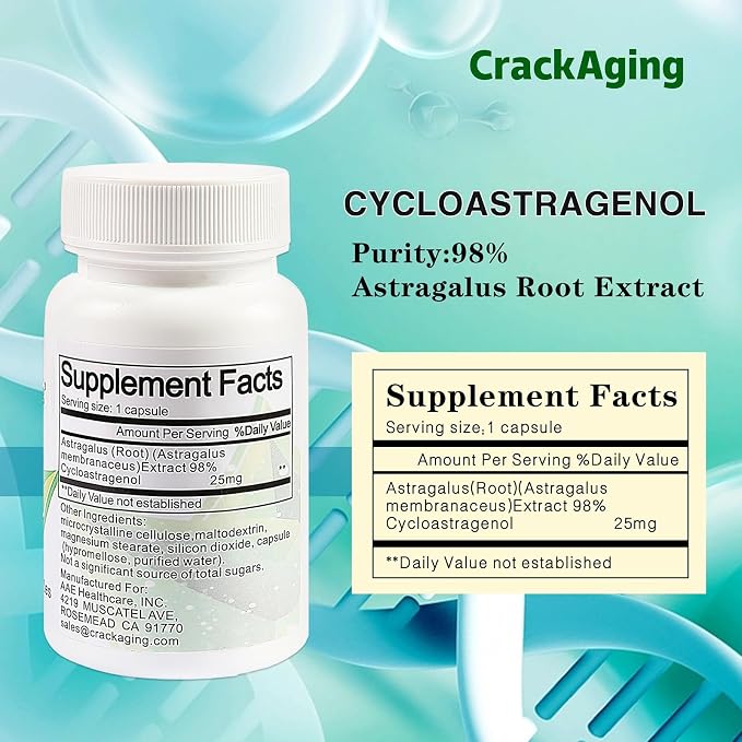 Crackaging Cycloastragenol 98% Telomere Support 25mg, 60 Capsules in 2 Bottles