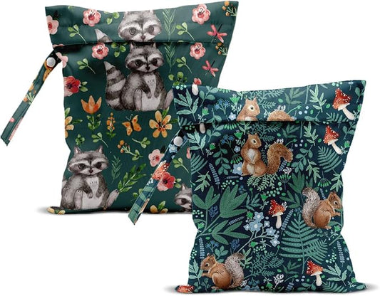 2Pcs Squirrel Wet Bag 12x10 Inch, Plants Waterproof Reusable Wet Dry Bag, Flowers Washable Travel Laundry Bags for Swimsuit Pool Beach Diapers Dirty Yoga Gym Clothes, Raccoon Gifts for Women Friend