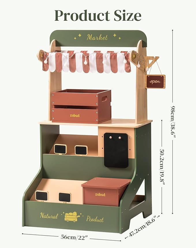 ROBUD Pretend Play Grocery Store with Lights, Supermarket Playset for Kids, Interactive Wooden Play Market Stand, Gift for 3+ Kids Boys Girls (Vintage Green)