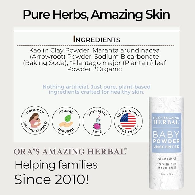 Baby Powder Talc-Free, Cornstarch Free Baby Powder, Unscented Fragrance Free Powder, Arrowroot Clay and Organic Plantain Leaf Powder, Ora’s Amazing Herbal, 2.5 oz