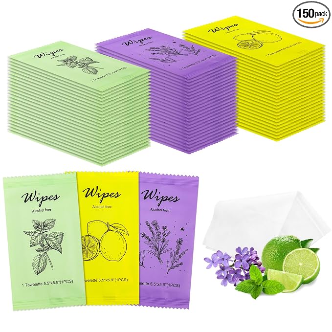 Individual Hand Wipes Wet Wipes Travel Size,Wet Wipes Individually Wrapped | 150PCS Bulk Cleansing Travel Size Wipes for Wedding Travel Restaurant Barbecue(Mint,Lemon,Lavender)