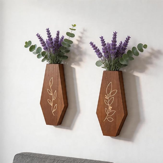 Wood Wall Planter 2 Pack, Modern Farmhouse Wall Decor Mounted Wooden Vase Set, Hanging Planter for Indoor Plants, Boho Wall Decor for Living Room, Entryway, Hallway, Bathroom (Brown)