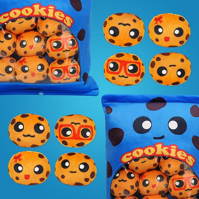 Cookies Plush Pillow Throw Pillow, Yummy Food Pillow Bag of Cookies Plushies, Cute Stuffed Plush Toys Food Stuffed Animal, Plush Gift for Kids, Birthday, Baby Shower (8 pcs, Blue)