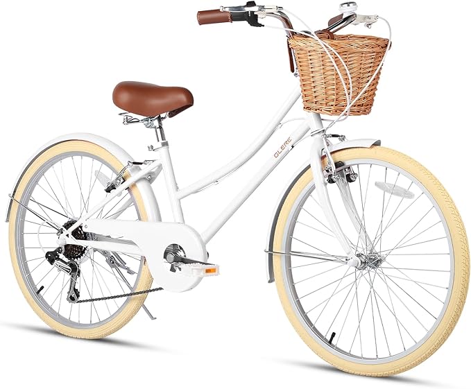 Glerc 20 24 26 Inch Beach Cruiser Bike, 6-Speed Hybrid City Bicycle for Girls Youth and Over 6 Years Old, Missy Bike with Wicker Basket & Lightweight, Multiple Colors