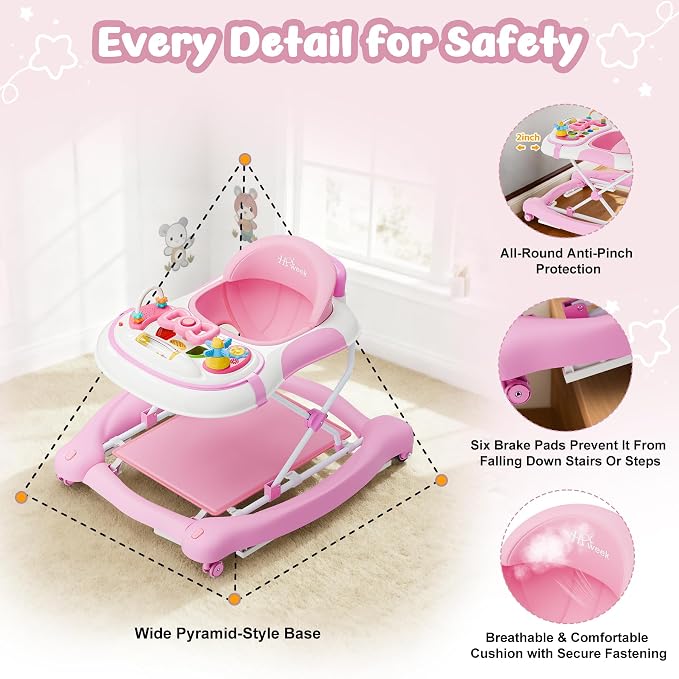 5-in-1 Foldable Baby Walker,Music and Lights Baby Walker with Wheels,Height Adjustable Infant Walker, with Activity Center, Rocker, Bouncer,Push Walker & Feeding Tray for Babies 6-18 Months (Pink)