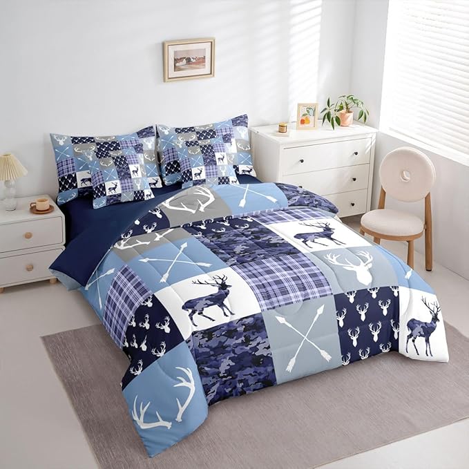 Feelyou Hunting Camo Deer Comforter Set Queen Size 7pcs Blue Camouflage Hunter Bedding Set Wildlife Animal Bed in a Bag with Comforter, Sheets, Pillowcases, Cushion Covers Rustic Western Decor