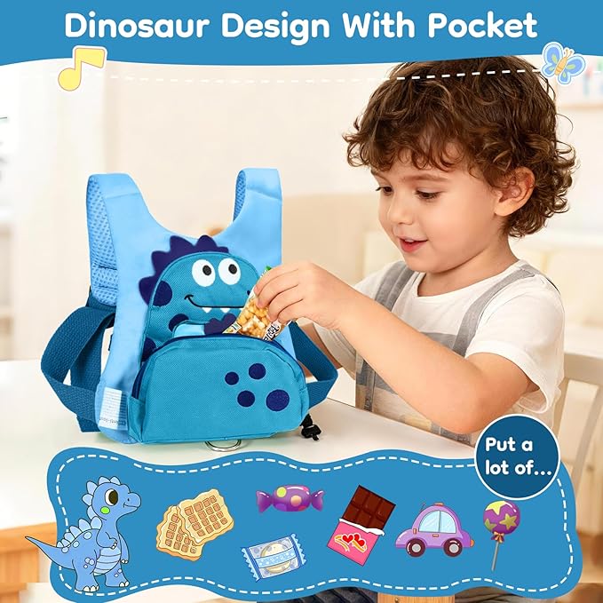 Dr.meter 3 in 1 Toddler Harness Leash + 8.2ft Anti Lost Wrist Link, Cute Dinosaur Kids Safety Harness with Key Lock, Child Walking Harness Assistant Strap for Outdoor Activity Travel