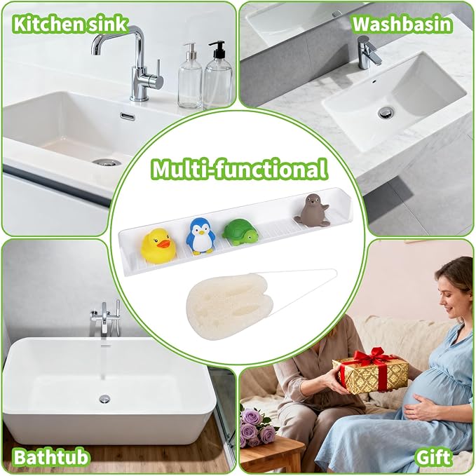 Bathtub Splash Guard for Kids, 2.62Ft Longer Silicone Bathtub Water Guards Play Shelf with 11 Suction Cups, Toy Tray Caddy Holder for Tub,Water Leak & Splash-Proof,Bath Tub Ledge Shelf for Kids, White