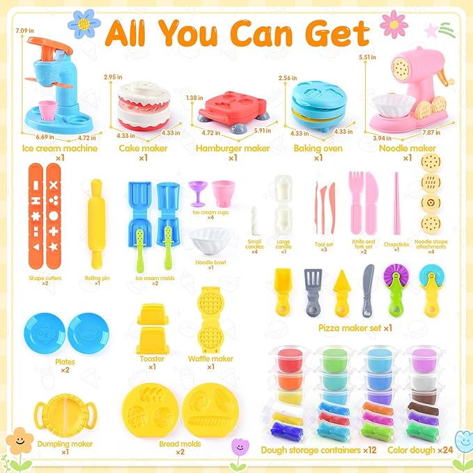 5-in-1 Color Dough Sets for Kids Ages 3+ DIY Food Maker Toys Set with 24 Dough, Arts and Crafts Kit for Pretend Play Ice Cream/Cake/Noodle/Hamburger/Pizza/Baking Set Toys Machines