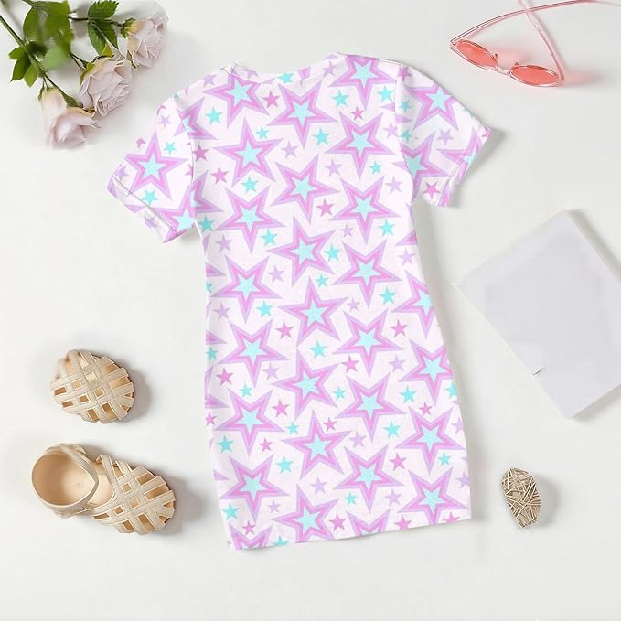 Girl's Anime K-POP Graphic Long Dress T-Shirt - Casual Loose Fit Short Sleeve Top