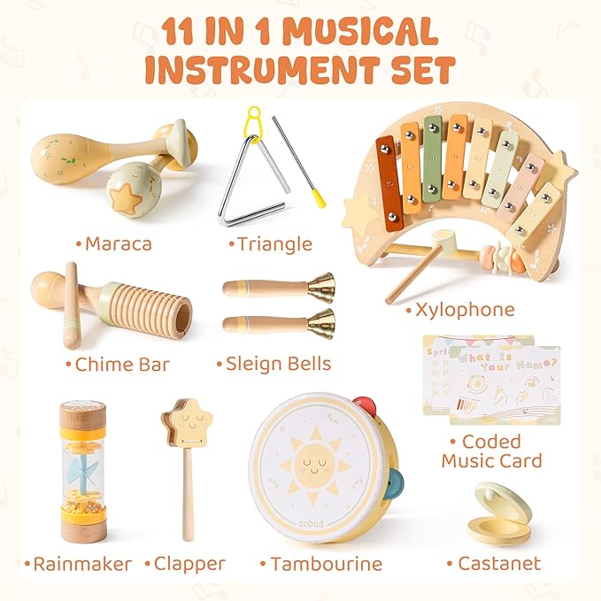 ROBUD Toddler Musical Instruments, Montessori Wooden Baby Musical Toys, Neutral Colors Musical Toys for Toddlers 1-3, Educational Percussion Set, for Boys and Girls(Star and Moon Theme)