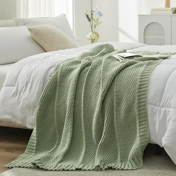 Knit Throw Blanket, Soft Chenille Cozy Breathable Chevron Chunky Decorative Blanket for Couch, Bed & Sofa, French-Inspired Lightweight Warm Gift for Women, Sage Green, 60"x80"