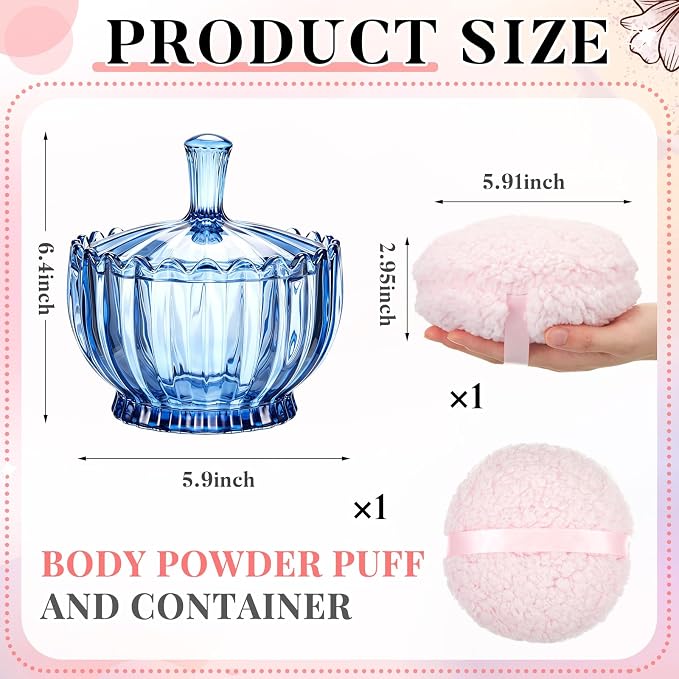 Tioncy 2 Pcs Extra Large Dusting Powder Puff and Container for Women-6'' Glass Crystal Dusting Powder Container Soft Washable Reusable Velour Face(Blue,Scalloped)