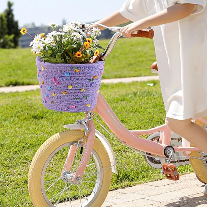 Kids Bike Basket for Boys and Girls, Children's Bicycle Basket Woven With Sisal Rope, Cute Decorative Accessories for Balance Bikes and Scooters