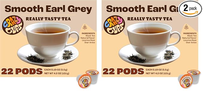 Crazy Cups Smooth Earl Grey Herbal Tea Pods, 22 Count | Caffeine Free, Kosher Certified Black Tea Blend with Licorice Root & Star Anise, K Cup Compatible, Bold Bergamot Flavor, Gluten Free, Vegan