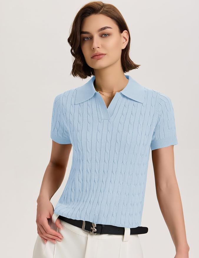 Micoson Womens Short Sleeve Sweater Tops Lapel V Neck Polo Shirts 2026 | Summer Cable Knit Loose Blouses, Business Casual Outfits