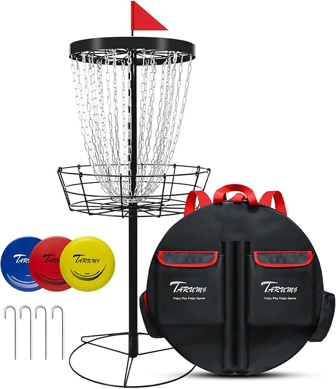 TARUMG Disc Golf Basket - Portable Disc Golf Target with Heavy Duty 24-Chains Come with Transit Bag and 3pcs Disc Golf Discs, Ground Stake -Suitable for Players of All Levels - Multi Color Available