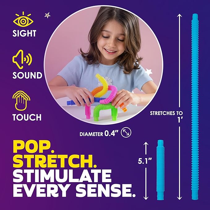Nutty Toys Mini Pop Tubes - 8-Pack Sensory Toys - Creative STEM Learning for Kids & Toddlers - Connect & Pop! Top ADHD Autism Fidget 2026, Best Boy & Girl Valentines Day and Easter Basket Gifts Idea