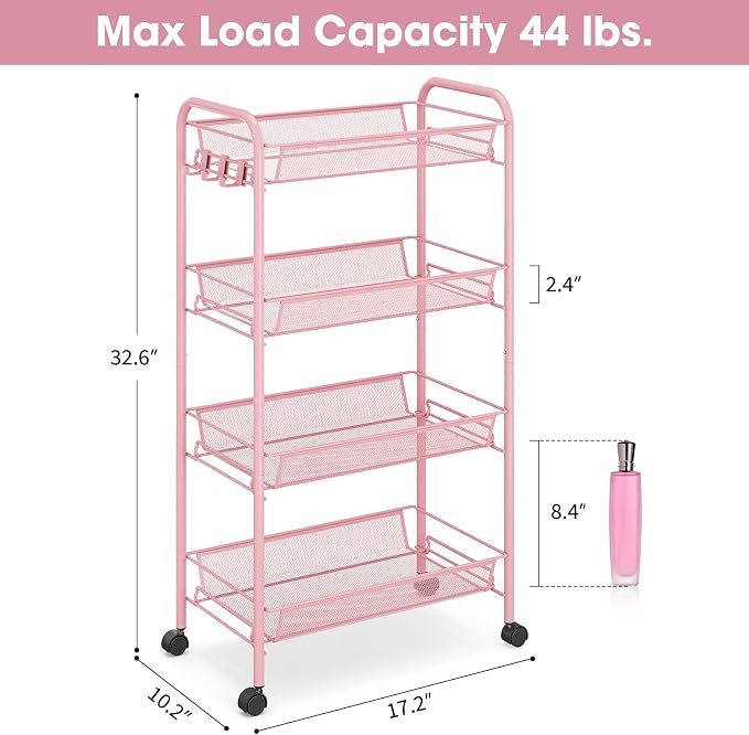 TOOLF 4 Tier Rolling Cart, Metal Utility Storage Cart with Wheels, Pink | 3 Hooks, Screwless Assembly, Trolley Organizer for Bathroom, Kitchen, Office, Nursery, Dorm, Laundry Room
