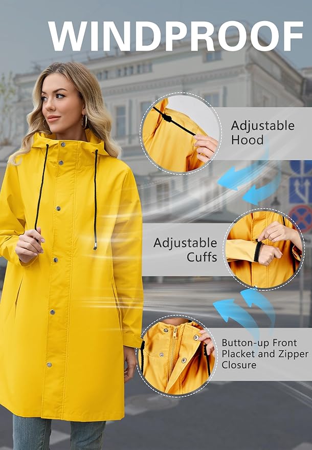 Zando Long Packable Rain Jacket Women Waterproof Raincoat with Hood | Relaxed-Fit Lightweight Windbreaker for Women; Travel Rain Coats for Commute, Hiking, Cruise, and Daily wear