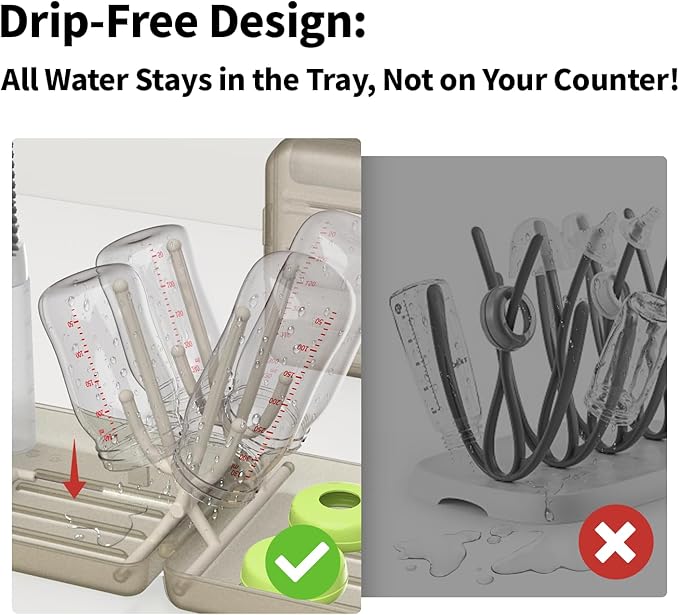 YOTIME Travel Bottle Brush Set, Auto-Open Rack & Vertical Brushs Drying Slots, 3 Brushes, Foldable Drying Rack, Dispenser, Travel Baby Essentials for On-The-Go Parents, Transparent Coffee