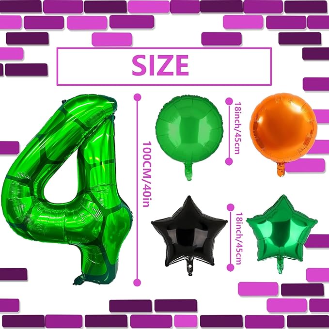 5Pcs Cartoon Turtle Theme Birthday Decorations 40 Inch Number 4 Foil Balloons Super Green Turtle Themed Hero Large Mylar 4th Number Balloon Video Game Pizza Balloons Party Favors Orange