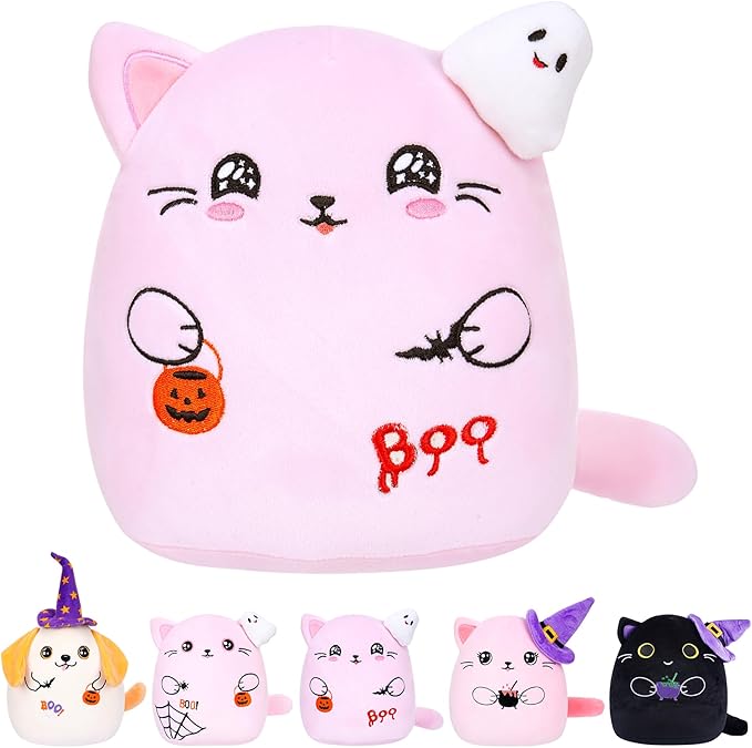 Pink Cat Plush – Halloween Stuffed Animal Ghost Bat Design Soft Pink Cat Stuffed Animal Decoration Party Favors 10 Inch