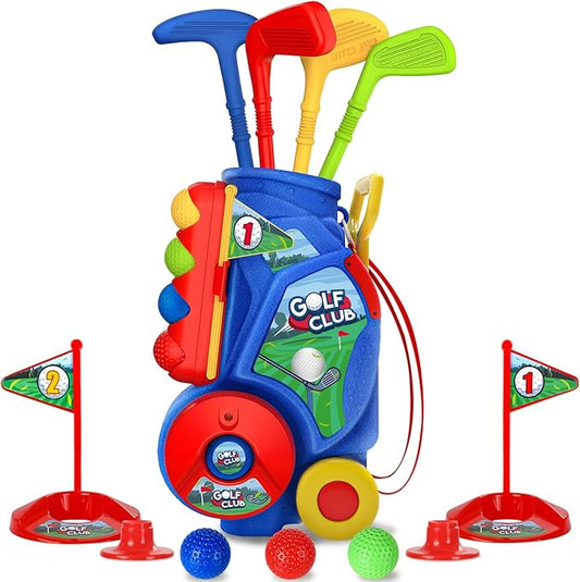 SUPER JOY Toddler Golf Set, Kids Golf Cart with 4 Clubs & 8 Balls, Indoor Outdoor Kid Golf Clubs for 3-5 Boys Girls, Mini Golf Birthday Gifts for Baby 3-5 Years Old