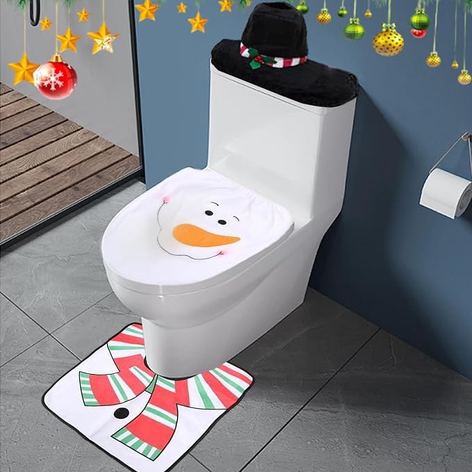 NIDONE Toilet Seat Cover, Christmas Bathroom Sets Includes Xmas Theme Snowman Toilet Seat Cover, Rugs, Tank for Xmas Indoor Decor Party Favors