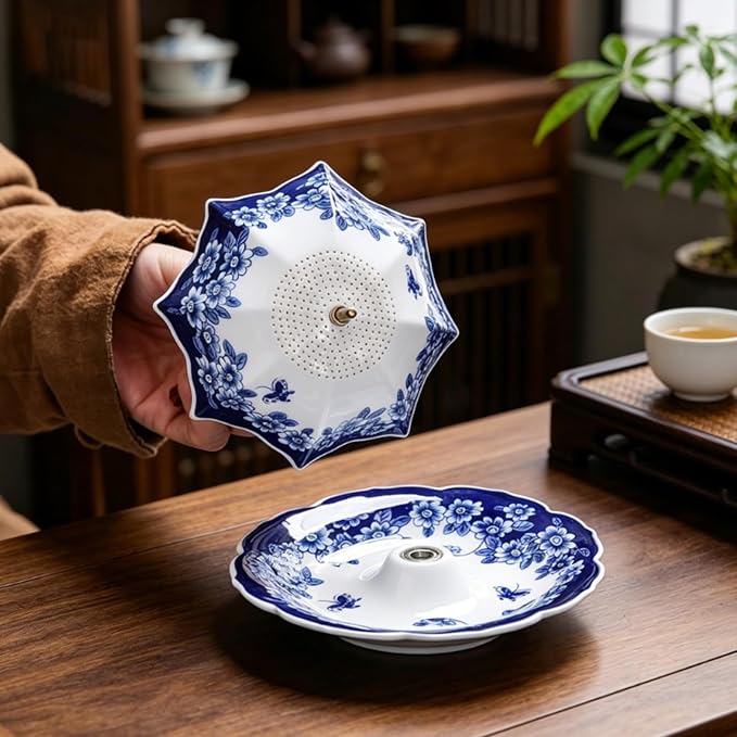 Umbrella Tea Strainer, Blue and White Porcelain | Umbrella Shape Ceramic, For Loose Leaf Tea, Rotating Design, Coffee Brewing Filter