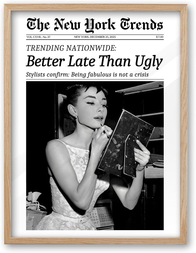 iHery 12x16in Hepburn Better Late Than Ugly Framed Bathroom Wall Art | Natural OAK Wood Frame with Canvas Print, Retro Black and White Decor for Bathroom, Bedroom, Apartment and Girly Room, 1Pack