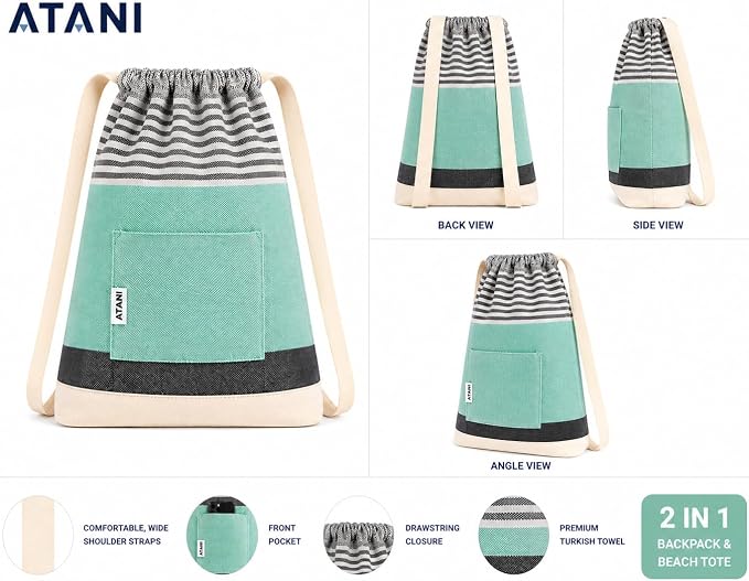 ATANI Turkish Beach Towel (71x39 Inches), Converts to a Bag, Oversized 100% Cotton Bath Towels Lightweight Quick-Dry Beach Blanket for Travel, Picnic, Camping, Yoga and Pool (Green x Black)